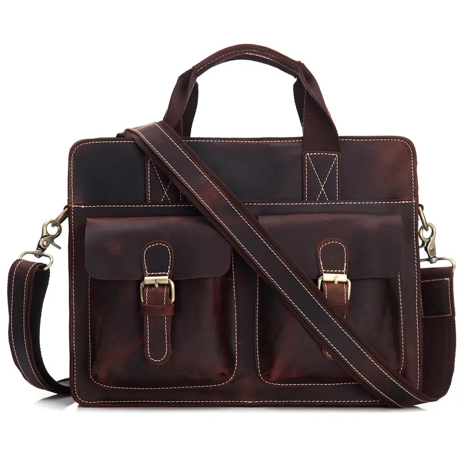 

Brand Genuine Crazy Horse Leather 14' Bussiness Briefcase Men's Handbag Cross Body Shoulder Bag Male Handle Messenger Bags