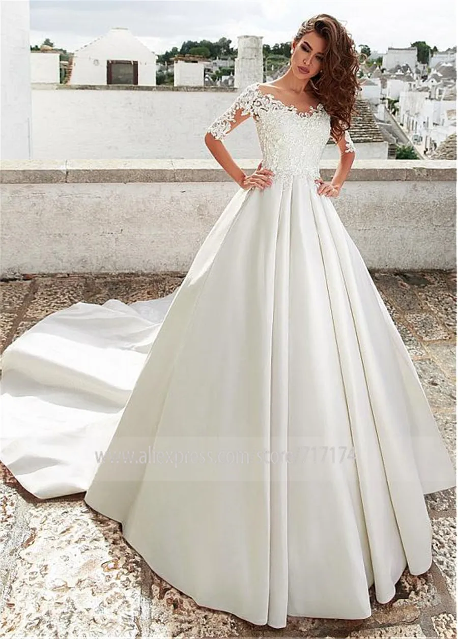 Simple Satin Jewel Neckline A Line Wedding Dress With Lace