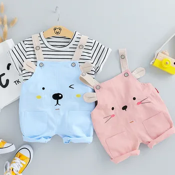 

Toddler Lovely Baby Kids Boys Girls Clothes Stripe Tops Tee Bear Cat Overall Pants Outfits Hot Sale Blue Pink Bebe Fashion Sets