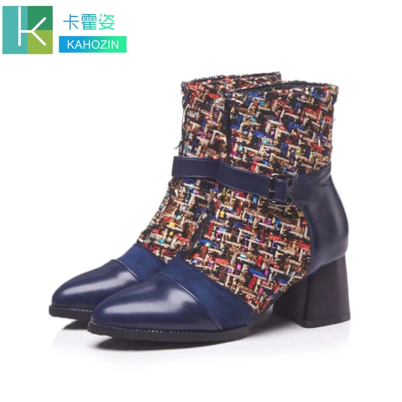 

2019 new European American ankle boots women pointed punk boots PU + tweed cloth Square with color matching fashion size34-48