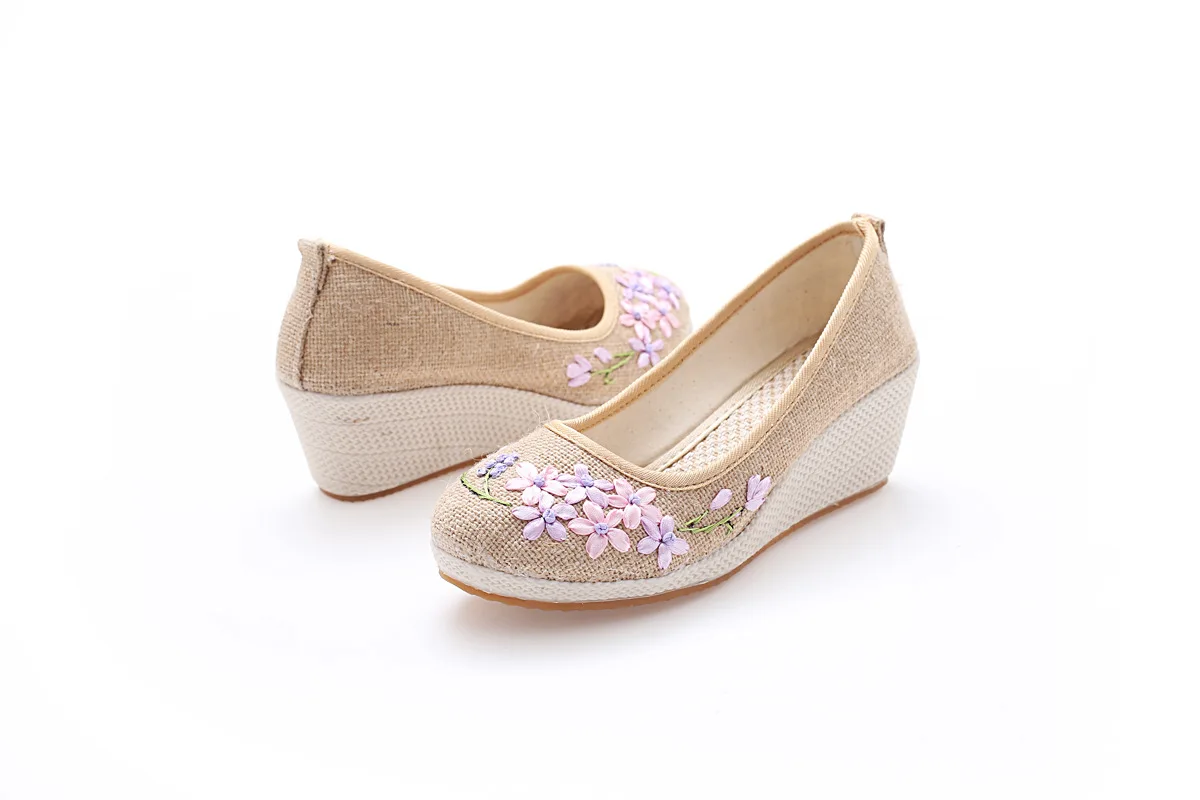 Винтажные женские туфли-лодочки; льняная обувь в стиле ретро с цветочной вышивкой; Тканевая обувь на танкетке; женские туфли на платформе; zapatos mujer; Каблук 5 см