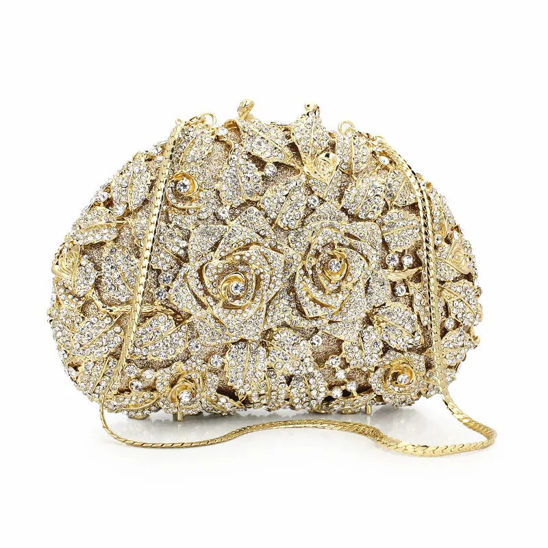 

Rose Hot Sale Women Purse Bag Gold Chain Rhinestone Crystal Clutch Evening Bag Floral Pattern Pakistani Bridal Clutch(88162A-GS)