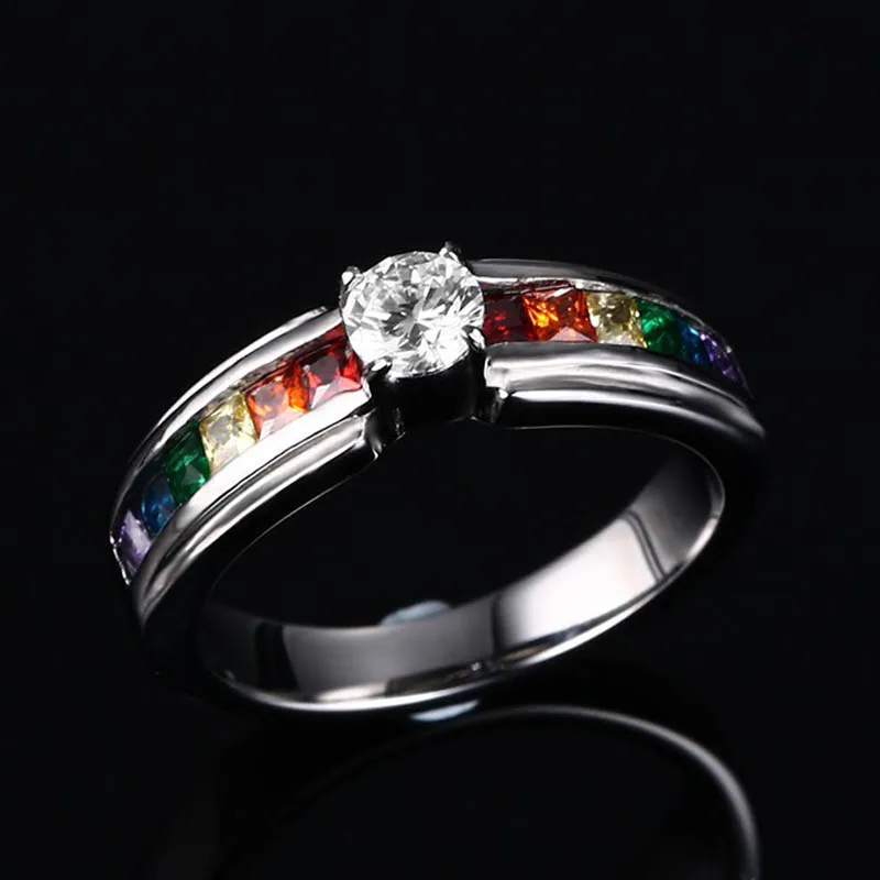 

RoShari High qualtiy Rainbow Stone Rings for Women 316l Stainless Steel Female ring Jewelry USA Size