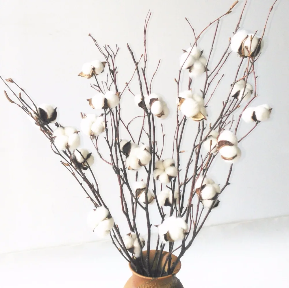 

White Natural Cotton Boll Ball Branch Spray 20-25" Birch Twig Stalk 5 Stems