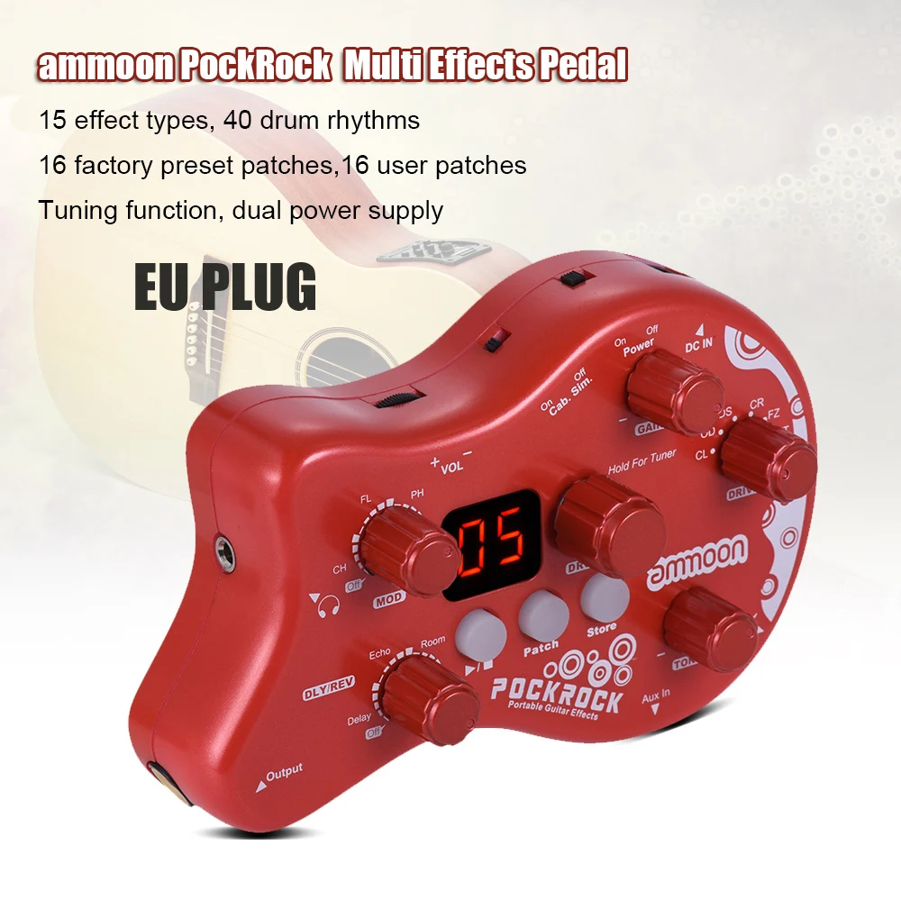 Ammoon PockRock гитарная педаль мультиэффектов гитарный эффект педаль 15 типов эффектов с адаптером питания гитарные части и аксессуары - Цвет: Red x EU Plug