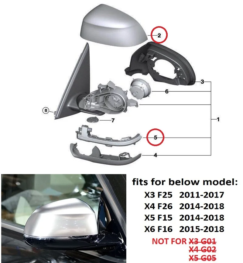  Dynamic LED Blinker Indicator Matt Chromed Mirror Cover Suitable for BMW X3 F25 X4 F26 X5 F15 X6 F1 - 32971489700