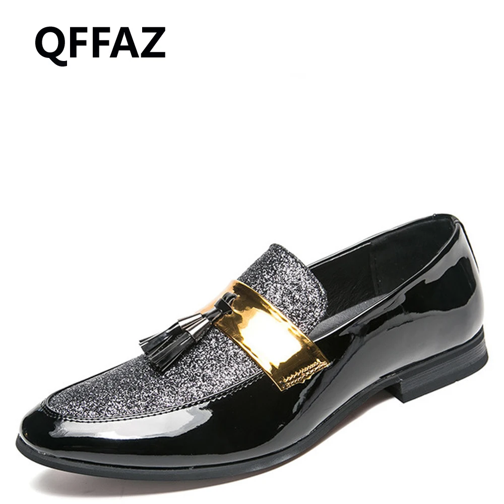

QFFAZ Italian men loafers handmade tassel loafers for wedding party slip on silver black red bottom mens loafers glitter