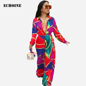 

Echoine Chain Print Long Sleeve Jumpsuit Turn Down Collar Elegant Slim Wide Leg Women Rompers Jumpsuit Femme Overalls Pplaysuit