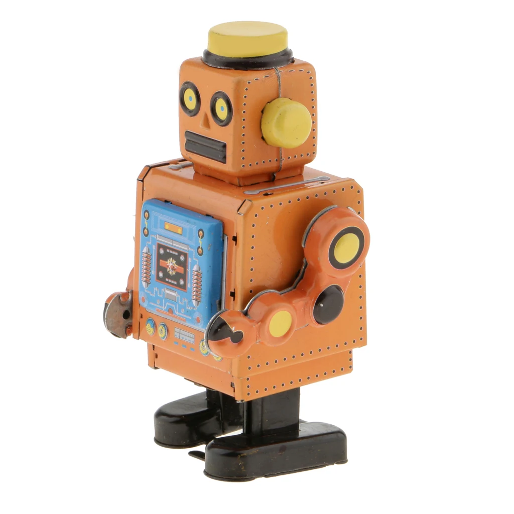MagiDeal 1Pc 10cm Vintage Wind Up Clockwork Mechanical Walking Tin Crafted Robot Handmade Toy for Boys Birthday Gift Yellow
