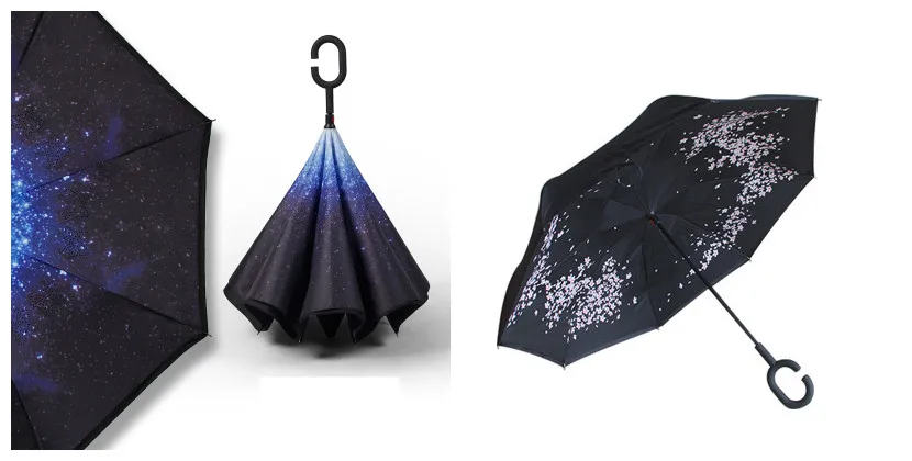 19.Folding Reverse Umbrella Double Layer Inverted Windproof Car rain Women men kids Umbrellas C-Hook Hands sun parasol