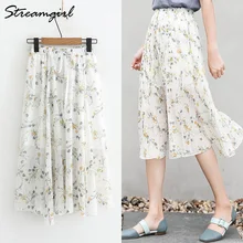 Длинная летняя юбка с цветочным принтом, длинная юбка макси для женщин, шифоновая черная юбка для женщин