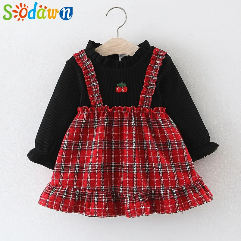 

Sodawn Girls Dress Cotton 2018 Winter New Fashion Cartoon Plaid Stitching Plus Velvet Thick Princess Dress Children Clothing