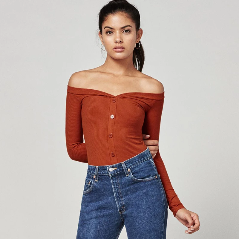 Women Off The Shoulder Long Sleeve Tops Center Front Buttons Tight