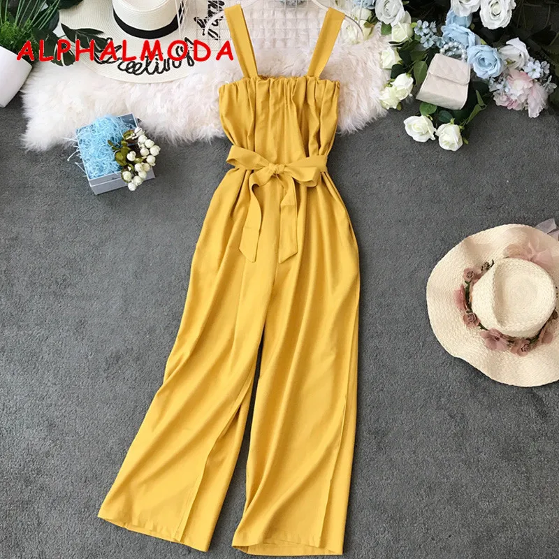 

ALPHALMODA 2019 New Cotton Jumpsuit Women Slim Fit High Waist Sashes Straight Leg Sleeveless Casual Summer Outfit