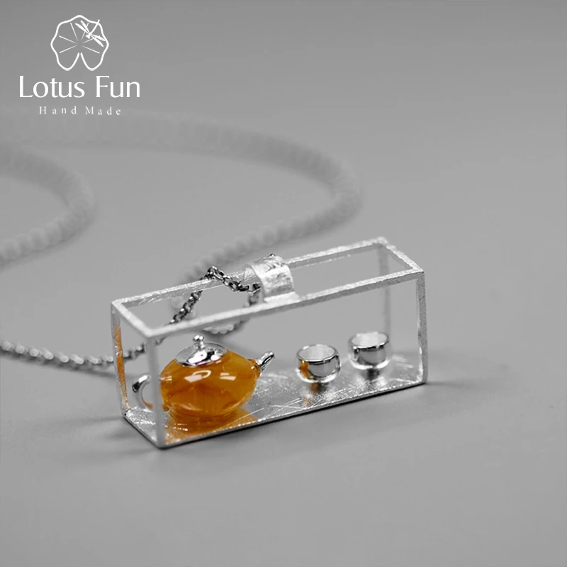

Lotus Fun Real 925 Sterling Silver Handmade Fine Jewelry Natural Amber Original Teapot Design Pendant without Necklace for Women