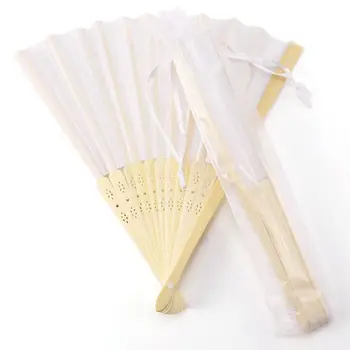 

10x fan in white silk fabric + bamboo with gift bag in muslin for wedding personalized dancing writing painting