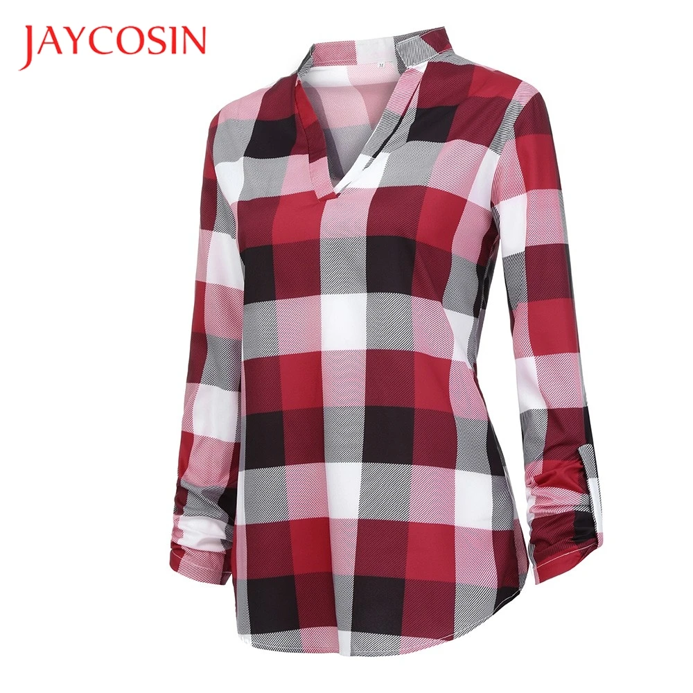 Женская клетчатая рубашка JAYCOSIN с длинным рукавом и v образным вырезом блузка