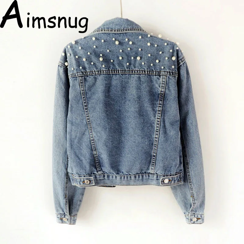 Plus size 5xl 2019 Spring Vintage Women Jean Jacket Witrh Pearls Beading Long Sleeve Pockets Denim Jackets Loose Outwear Female