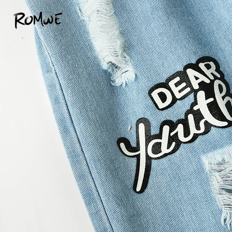 ROMWE Ripped Cuffed Jeans Women Blue Offset Printing Drawstring Mid Waist Denim Pants Fashion Casual Pockets Cropped Jeans