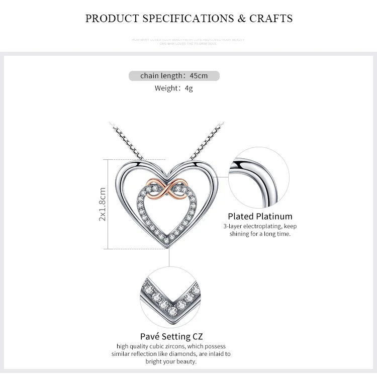 BAMOER, подлинные, 925 пробы, серебряные, элегантные, бесконечность, любовь, двойное сердце, подвески, ожерелья для женщин, хорошее ювелирное изделие, подарок, SCN121