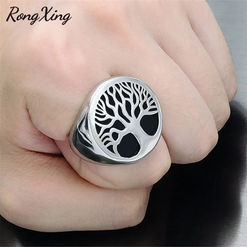 

RongXing Men Vintage Fashion Life Tree Rings for Male Plant Jewelry Retro Punk Big Silver Ring Mens Finger Band Wedding Jewelry