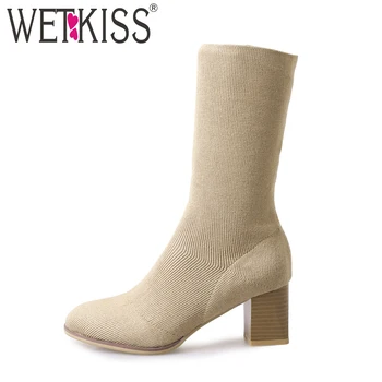 

WETKIS Knitting High Heels Sock Boots Women Warm Stretch Boots Autumn Fashion Short Plush Shoes Ladies Wood Heels Footwear