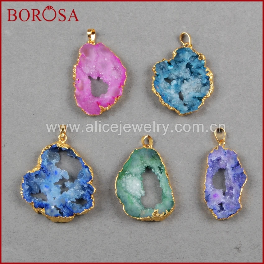 

BOROSA 1 Piece Gold color Freeform Rainbow Natural Druzy A-gate Geode Slice Pendant Bead For Women Jewelry NO RED G0590