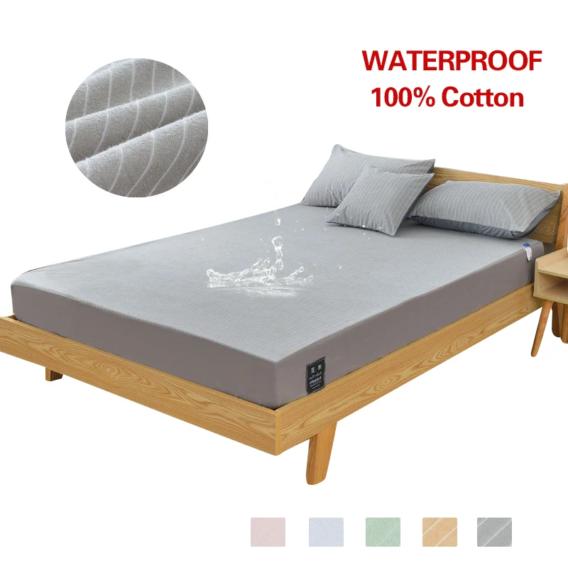

100% Cotton Waterproof Breathable Mattress Protecotor Pad Striped 5 Colors Fitted Sheet Cover for Bedroom Washable