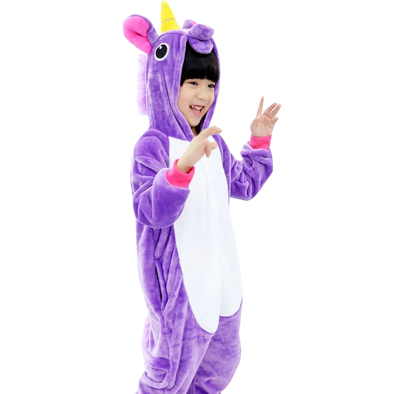 

4-12Y Girls Boys Winter Children unicorn Flannel Animal pajamas Kid Clothes Cute pyjamas Hooded Romper Sleepwear Without Shoes