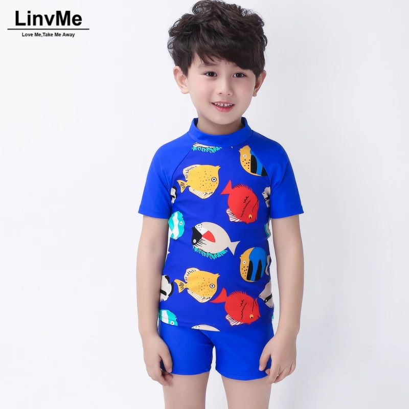 Linvme 2018 Boys Cartoon Cute Swimsuit with Trunks Cap Swimming Bathing Suit Boy Children Kids