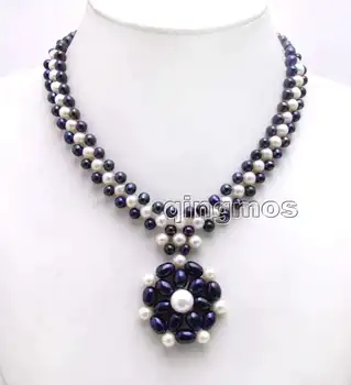 

5-6mm Black and White Natural freshwater pearl & Rice Pearl 35-40mm Pendant handwork Weaving 3 strands 17'' Necklace-nec6216