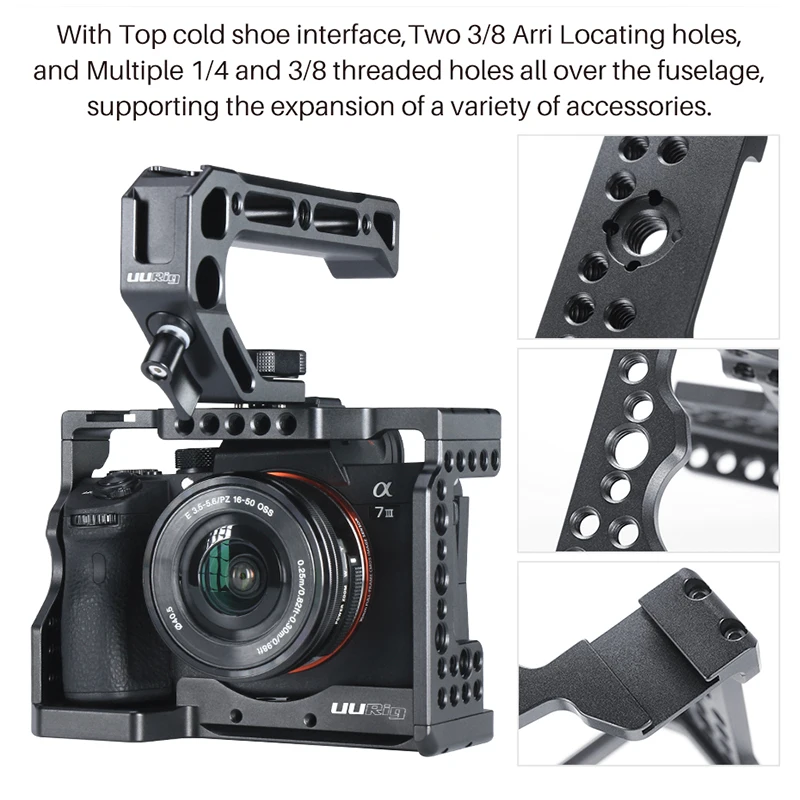 Camera Case for Sony A7III A7M3/A7R3 Vlogging Metal Cage with Arri Locating Hole Cold Shoe For Microphone Top Handle Grip UURig