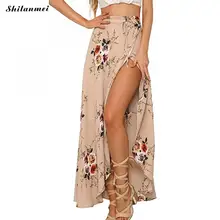 Ретро Женская белая ассиметричная длинная юбка летняя Бохо винтажная Цветочная печать с разрезом по бокам длинная юбка для девочек Талия юбки для женщин