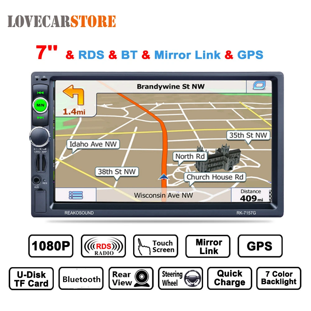 

7 Inch 2 Din Bluetooth Auto Multimedia Car Stereo Audio MP5 Player GPS Navigation AM FM RDS Radio Support Mirror Link Aux In