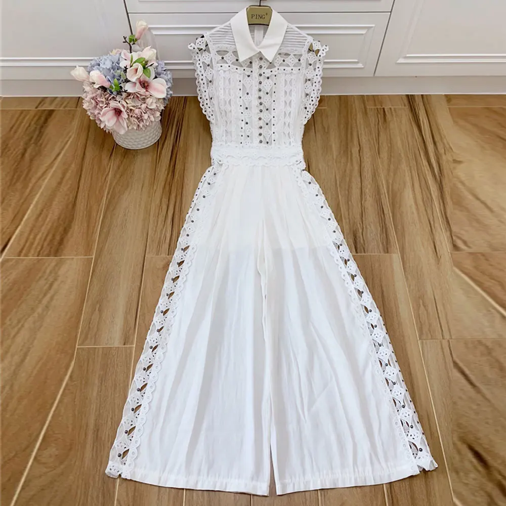 

Red RoosaRosee New Hollow-out Rivet White Black Wide Leg Jumpsuits Women Clothing Runway Designer High Quality Sexy Bodysuits
