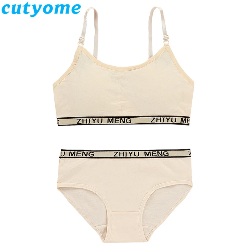 Young Girls bra And Panties Sets Cotton Teenagers Girls Lingerie+ Free Size Underwear Kids Puberty Training Bra Vest Panties 14Y