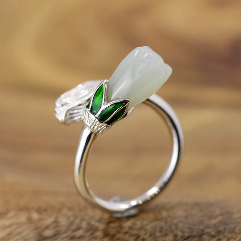 

Women Ethnic Adjustable Nature Hetian Jasper Rings 925 Sterling-Silver-Jewelry Plant Flower Magnolia Hand Made Fine Jewelry 2018