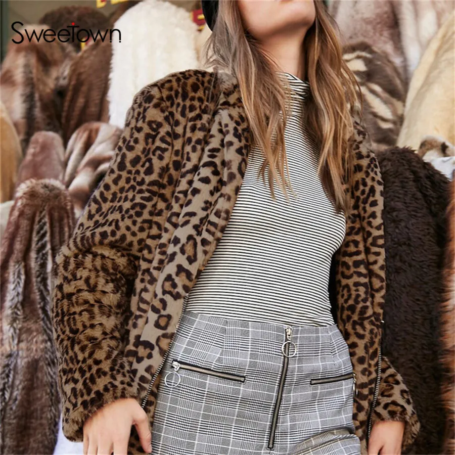 

Sweetown Leopard Faux Fur Jacket 2018 Autumn Women Fashion Coats And Jackets Winter Abrigos Mujer Elegante Plus Size Korean Coat
