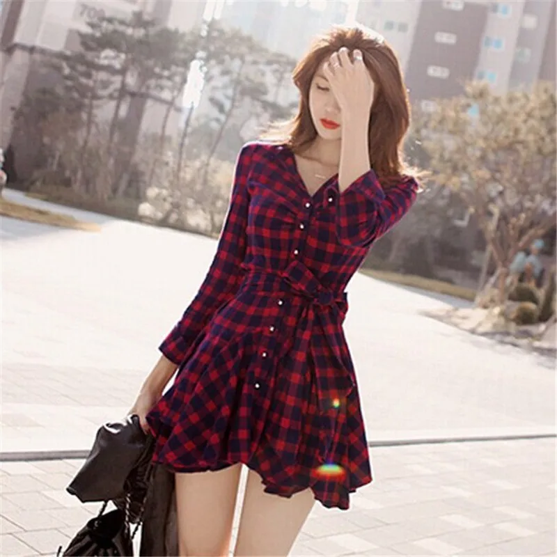 New Fashion Gift Lapel Long Sleeve font b Tartan b font Plaids Checks Mini Dress Casual