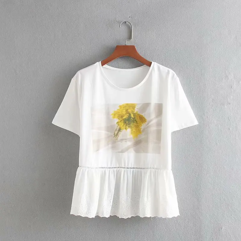 

Summer Women Printed T-Shirt Loose Wild O-Neck Splice Embroidered Lace T-shirt Casual Short Sleeve Tops Trend Cotoon Female Tops