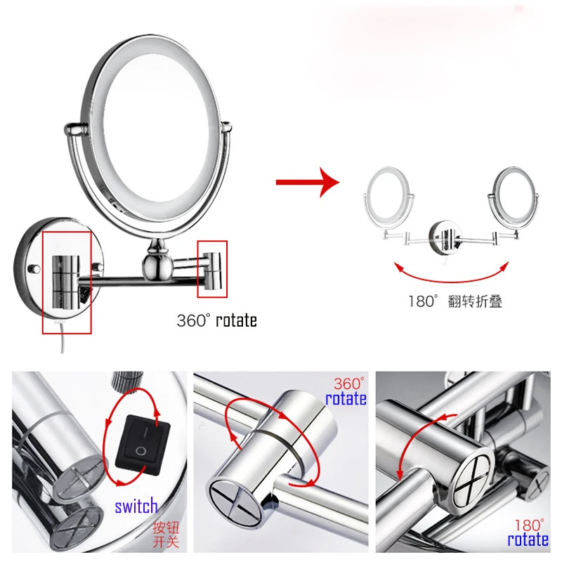 Хромированное/Золотое зеркало для макияжа с подсветкой для ванной комнаты со светодиодными огнями и креплением на стену, косметические поворотные складные зеркала из латуни