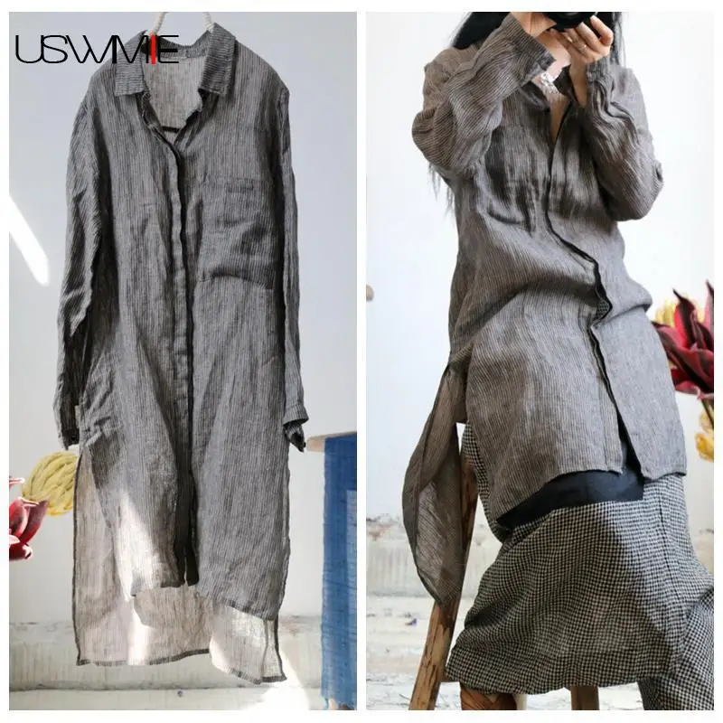 

USWMIE 2018 Plus Size Women Blouses Literary Simple Pockets Dark Grey Stripe Thin Shirt Irregular Hem Long Sleeve Comfort Tops