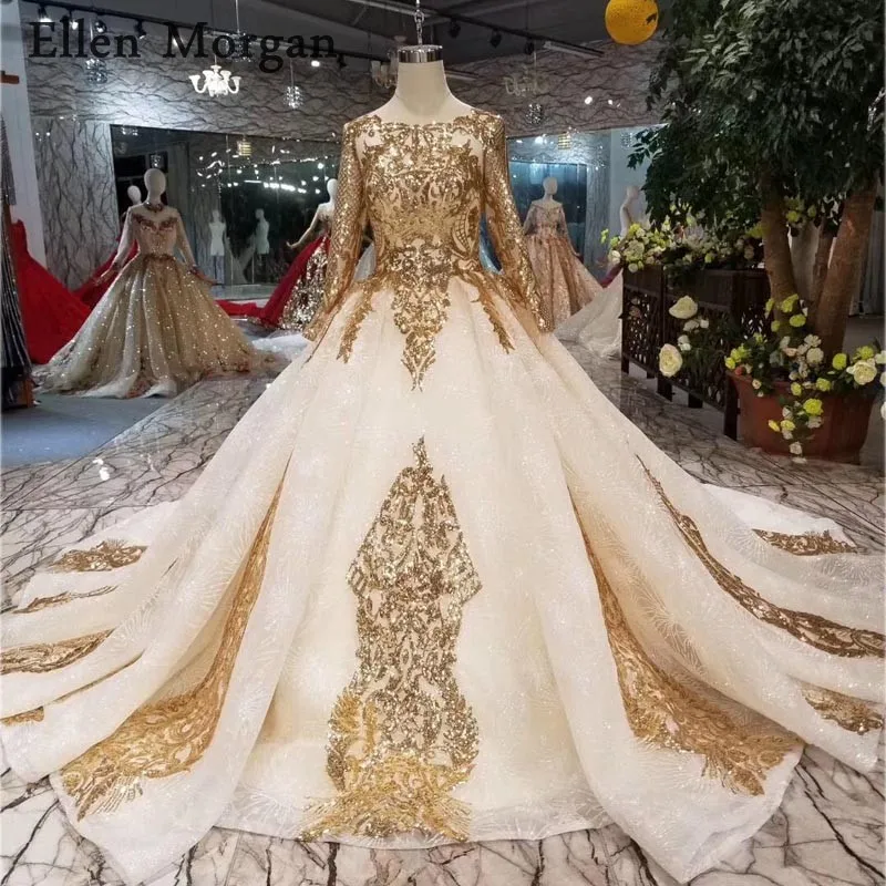 Элегантные Свадебные платья с длинными рукавами и золотым кружевом, пышные платья с вырезом лодочкой и часовым шлейфом, роскошные винтажные свадебные платья принцессы - Цвет: Color as Picture