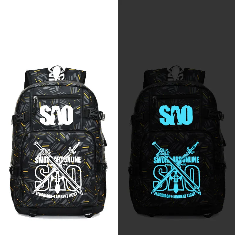 SAO Sword Art Online Backpack Fashion Laptop Travel Backpack with USB port students Book School Bag Glow in the dark Luminous
