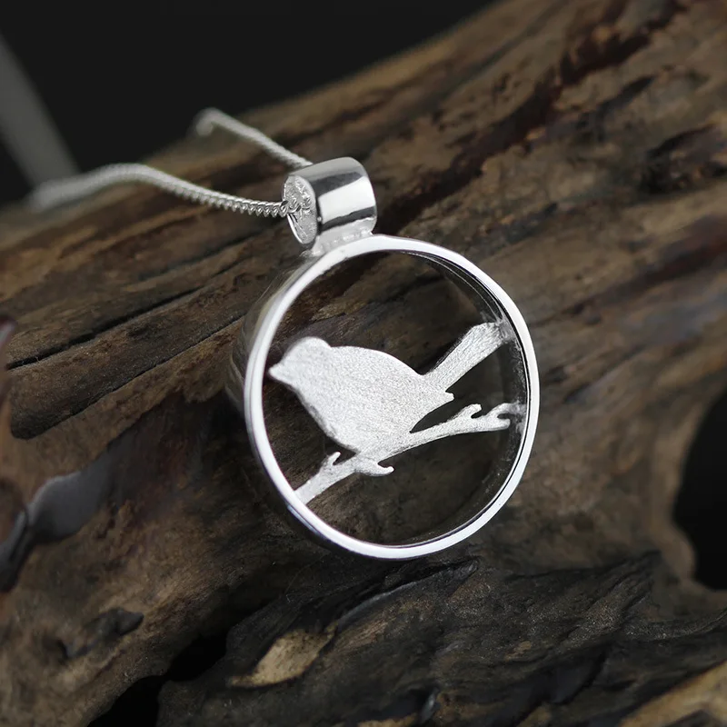 Poetic 925 sterling silver jewelry  Pendant bird on branch with bird cage pendant