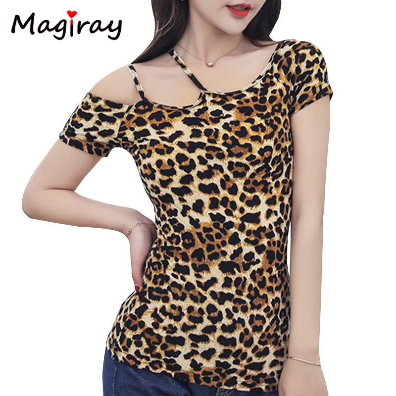 

Magiray Skew Collar Cold Shoulder Sexy T Shirt Women 2019 Summer Strip Leopard Dot Print Female Tops Big Plus Size Slim Tops 126