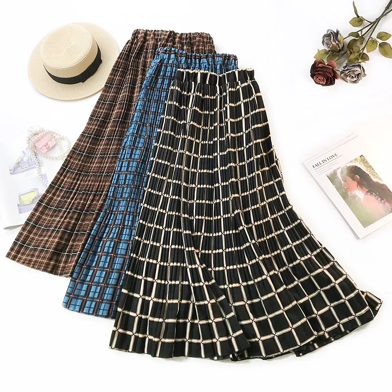 

2019 New Spring and Summer High-waisted Skirt Pleated Long Skirt Female Printed Plaid Skirt Slim Slimming Skirt