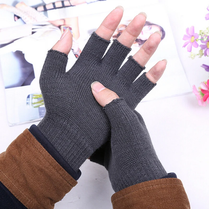 Fingerless Gloves Winter Thermal Half Gloves Knitted Womens Ladies Plain Warm 