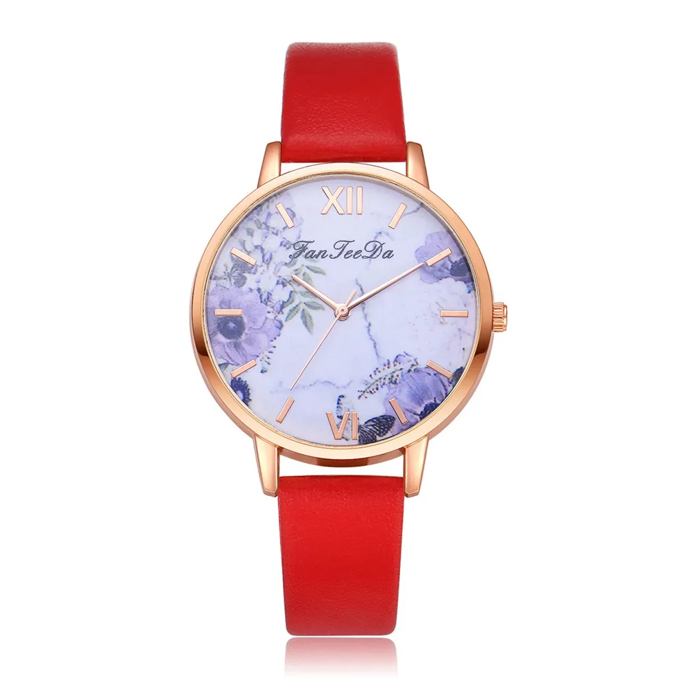 Минимализм женские часы фиолетовый цветочный Циферблат Дамы простые кварцевые наручные часы кожаный ремешок часы Повседневное платье Reloj Mujer# W - Цвет: Multicolor