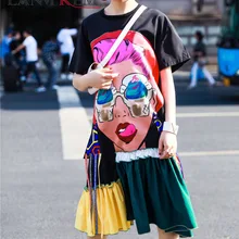 LANMREM летнее Новое Женское модное свободное платье с круглым вырезом, коротким рукавом, рюшами и абстрактным принтом BA582